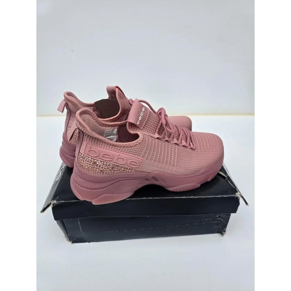 NWT Bebe Sport Analia Knit Sneakers Pink/Rose Gold Rhinestone Women's Size 10 - Picture 5 of 7
